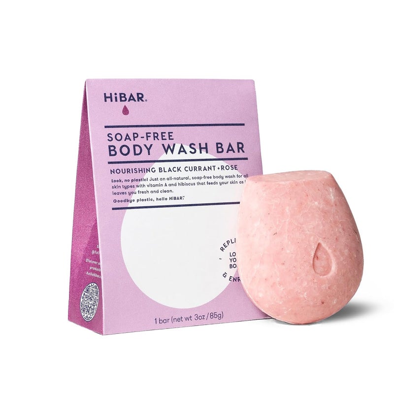 HiBAR شريط غسول الجسم الصلب HIBAR Nourish معزز غني بمستخلص الرمان بروتين الجوجوبا للاستخدام اليومي للبشرة الحساسة خالي من البلاستيك والبارابين وصابون نباتي بالتوت الأسود والورد 1 شريط - Image 1