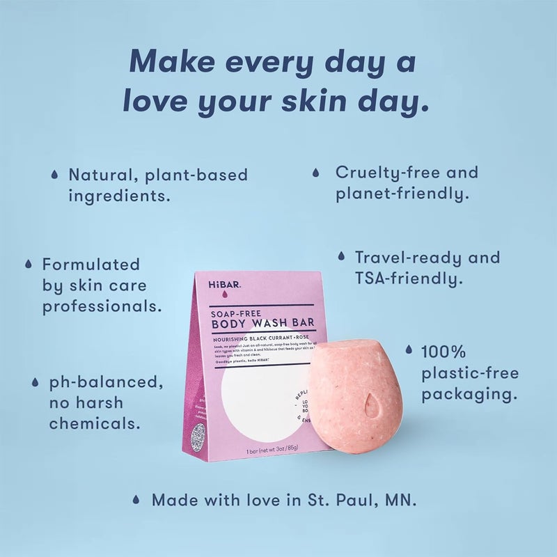 HiBAR شريط غسول الجسم الصلب HIBAR Nourish معزز غني بمستخلص الرمان بروتين الجوجوبا للاستخدام اليومي للبشرة الحساسة خالي من البلاستيك والبارابين وصابون نباتي بالتوت الأسود والورد 1 شريط - Image 3