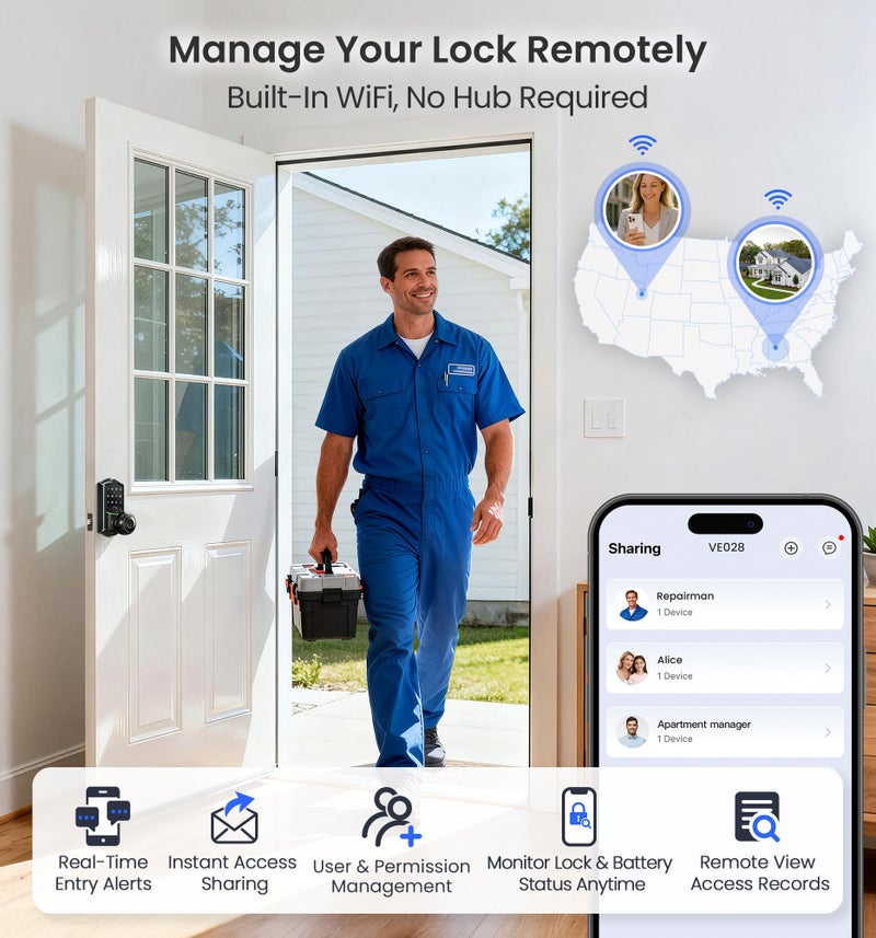 Veise VE028 Built-in Wi-Fi Smart Lock with Knob, Fingerprint Keyless Entry with Handle, App Remote & Voice Control, Electronic Digital Keypad for Front Door and Bedroom, IP65 Waterproof, Matte Black - Image 3