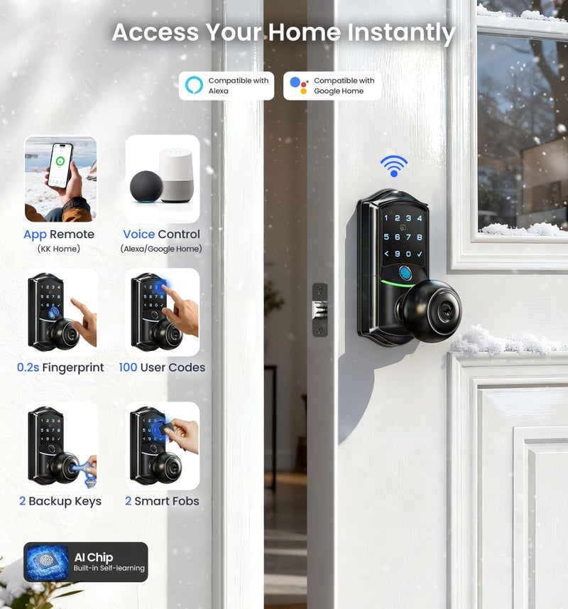 Veise VE028 Built-in Wi-Fi Smart Lock with Knob, Fingerprint Keyless Entry with Handle, App Remote & Voice Control, Electronic Digital Keypad for Front Door and Bedroom, IP65 Waterproof, Matte Black - Image 2