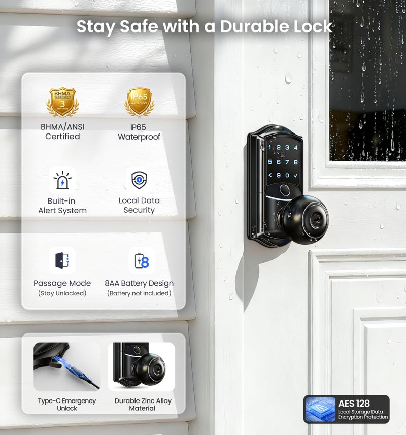 Veise VE028 Built-in Wi-Fi Smart Lock with Knob, Fingerprint Keyless Entry with Handle, App Remote & Voice Control, Electronic Digital Keypad for Front Door and Bedroom, IP65 Waterproof, Matte Black - Image 5