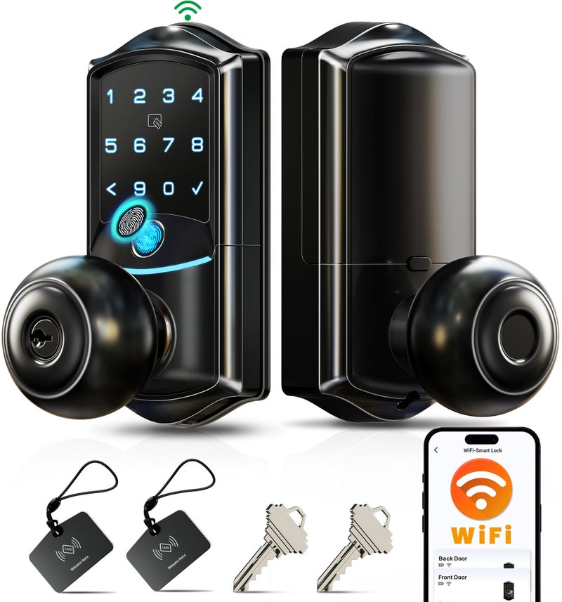 Veise VE028 Built-in Wi-Fi Smart Lock with Knob, Fingerprint Keyless Entry with Handle, App Remote & Voice Control, Electronic Digital Keypad for Front Door and Bedroom, IP65 Waterproof, Matte Black - Image 1