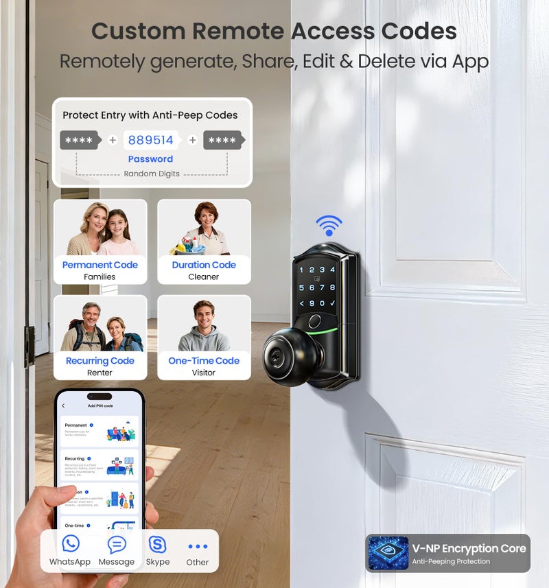 Veise VE028 Built-in Wi-Fi Smart Lock with Knob, Fingerprint Keyless Entry with Handle, App Remote & Voice Control, Electronic Digital Keypad for Front Door and Bedroom, IP65 Waterproof, Matte Black - Image 4