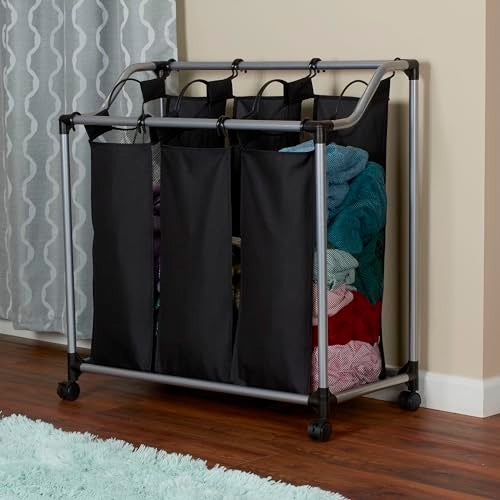 Household Essentials Triple Laundry Sorter with Wheels, Tapered Metal Frame, Removable Polyester Bags, Ventilated, Smooth Rolling Casters, Great for Sorting Laundry Large - Image 2
