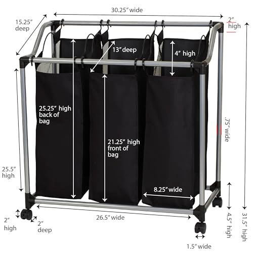 Household Essentials Triple Laundry Sorter with Wheels, Tapered Metal Frame, Removable Polyester Bags, Ventilated, Smooth Rolling Casters, Great for Sorting Laundry Large - Image 3