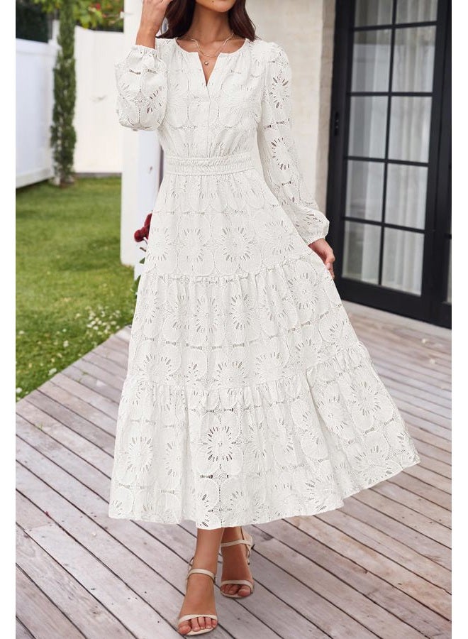 MEROKEETY Women's Fall Long Sleeve Floral Maxi Dress Lace Eyelet Hollow Out Tiered Boho Wedding Guest Dresses Pockets, White, L - Image 2