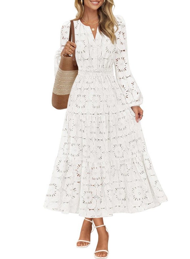 MEROKEETY Women's Fall Long Sleeve Floral Maxi Dress Lace Eyelet Hollow Out Tiered Boho Wedding Guest Dresses Pockets, White, L - Image 1