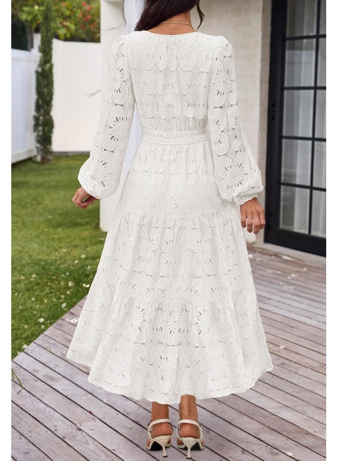 MEROKEETY Women's Fall Long Sleeve Floral Maxi Dress Lace Eyelet Hollow Out Tiered Boho Wedding Guest Dresses Pockets, White, L - Image 4