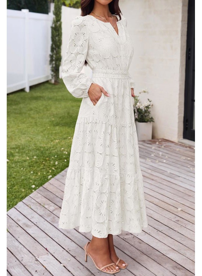 MEROKEETY Women's Fall Long Sleeve Floral Maxi Dress Lace Eyelet Hollow Out Tiered Boho Wedding Guest Dresses Pockets, White, L - Image 3