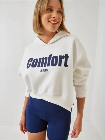 Bianco Lucci LUCCI Hooded Oversized Crop Sweatshirt with Pompom