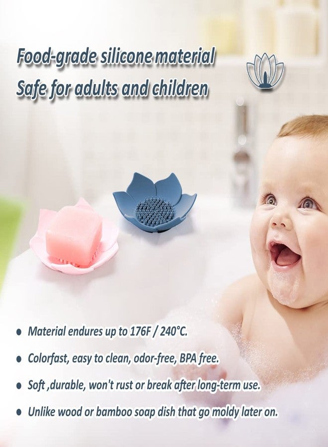 leuapl Soap Dishes with Draining, Bathroom Bar Soap Holder for Shower, Soap Tray for Kitchen Sink, Silicone Flower Shape Soap Saver for Counter, Bathtub. Extend Soap Life, Easy Dry (2 Pack, Pink + Blue) - Image 3