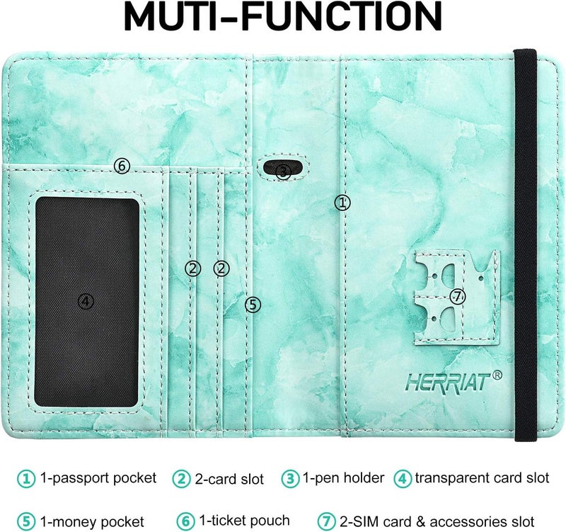 HerriaT Marble Leather Passport Holder Cover Case RFID Blocking Travel Wallets Card Case for Women Men(Green) - Image 3