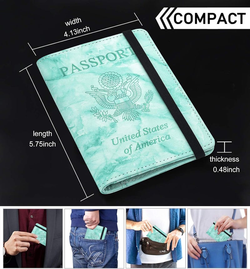 HerriaT Marble Leather Passport Holder Cover Case RFID Blocking Travel Wallets Card Case for Women Men(Green) - Image 4