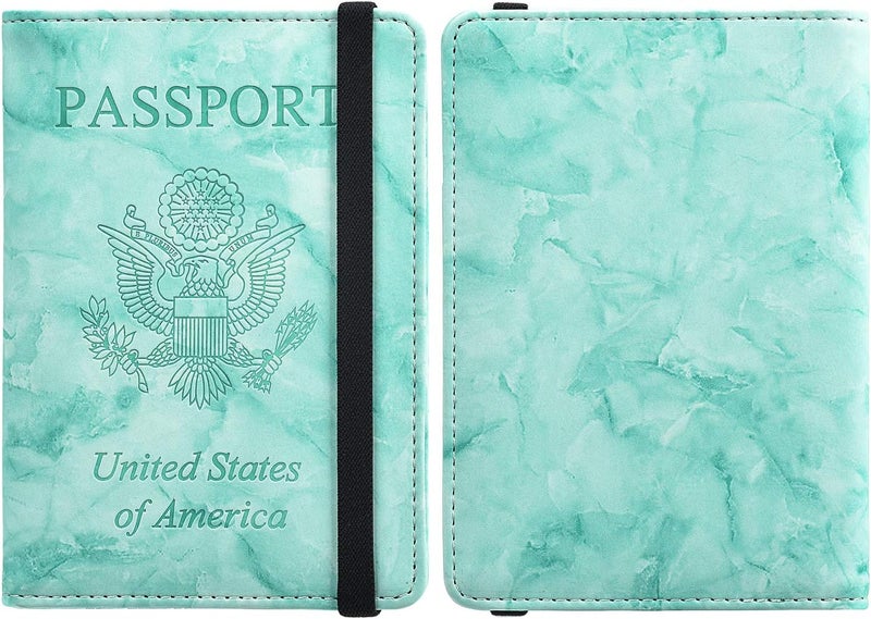 HerriaT Marble Leather Passport Holder Cover Case RFID Blocking Travel Wallets Card Case for Women Men(Green) - Image 2