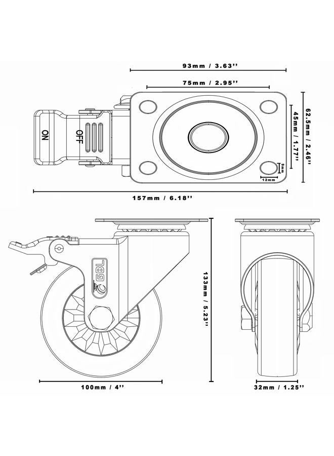 GBL 4'' Heavy Duty Caster Wheels With Brakes 1320Lbs | 4 x Castor for Moving Furniture, Table, Trolley, Workbench, Garage (2 With & 2 Without Brakes) + Screws - Image 3