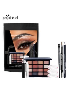 popfeel All-in-One Eye Makeup Set with Eyeshadow Palette, Dual-Ended Eyebrow Pencil, Mascara, Eyeliner, and Three Eyebrow Contour Stencils, Portable Makeup Gift Kit  - Image 1