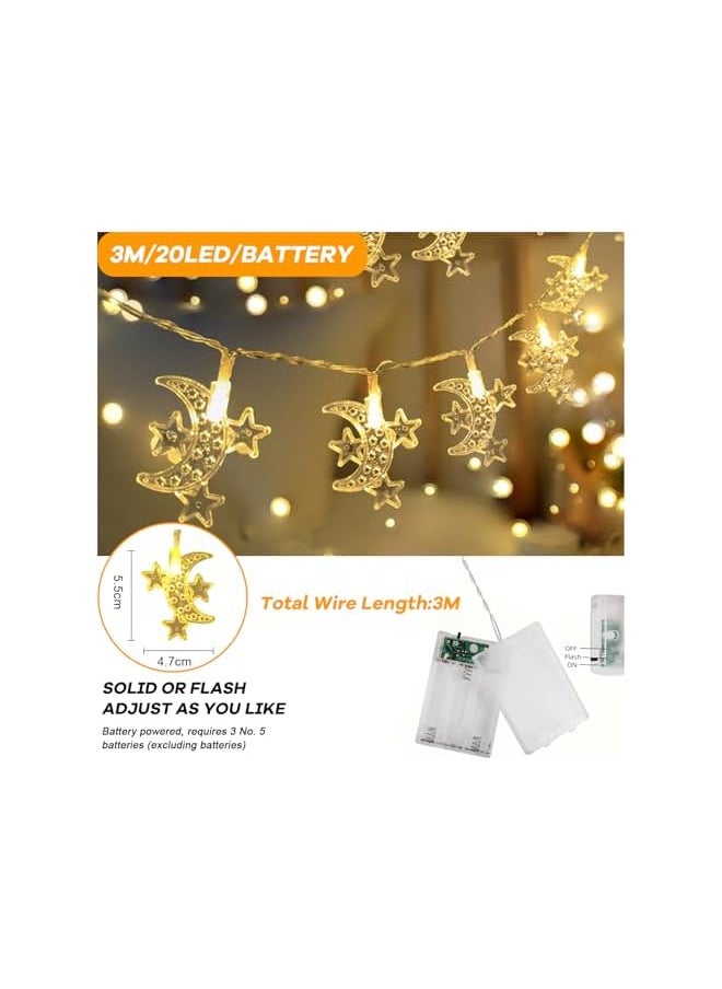 The Bros Diwali Ramadan Decoration Star & Moon String Lights – 3m 20LED, Battery Operated, for Eid Mubarak and Muslim Ramadan, Home and Fireplace Décor (Warm White, 3m/20LED/Battery)  - Image 3