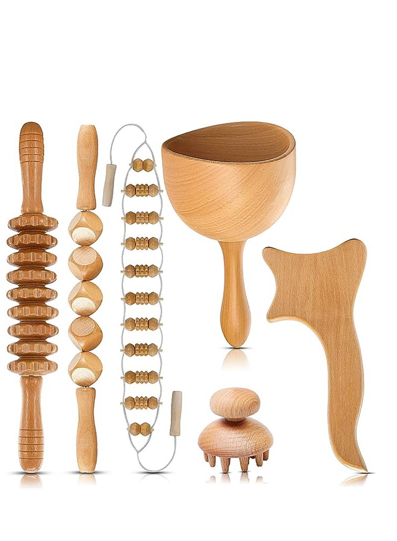 6-in-1 Wood Therapy Massage Tools Lymphatic Drainage Massager Maderoterapia Kit Professional Wooden Stomach Massager Roller Body Sculpting Tools for Belly Fat Legs Arms Neck - Image 1