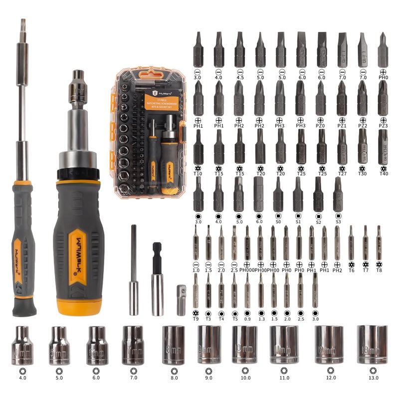 MULWARK Screwdriver Bit Set & Socket Kit, 77-Pieces Ratcheting Screwdriver Set with Case, 77 in 1 Multi Bit Screw Driver for Home DIY, Electronics, Car Emergency and Garage - Image 3