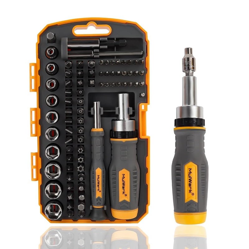 MULWARK Screwdriver Bit Set & Socket Kit, 77-Pieces Ratcheting Screwdriver Set with Case, 77 in 1 Multi Bit Screw Driver for Home DIY, Electronics, Car Emergency and Garage - Image 1