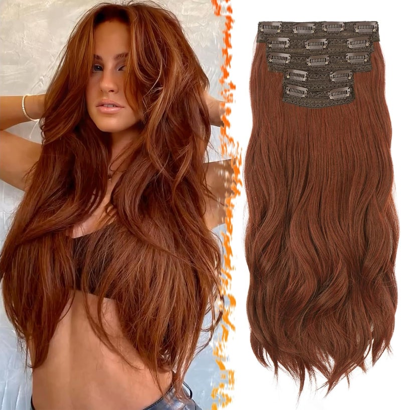 BARSDAR Medium Auburn Clip in Hair Extensions 20 Inch Loose Wavy Clip in Hair Extensions for Women 5 PCS Thick Layered Lace Weft Voluminous Easy Wear Soft Synthetic Auburn Hairpieces