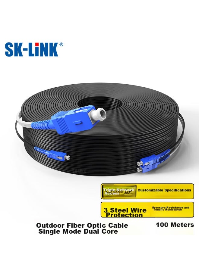 Sk-link Single-mode Dual-core Fiber Optic Cable, Outdoor 2-core 3-steel Wire Finished Fiber Optic Cable, Pigtail Without Fusion Splicing, Outdoor Low Zero Halogen, 100 Meters Sc Connector Swgl2sm-100m - Image 1