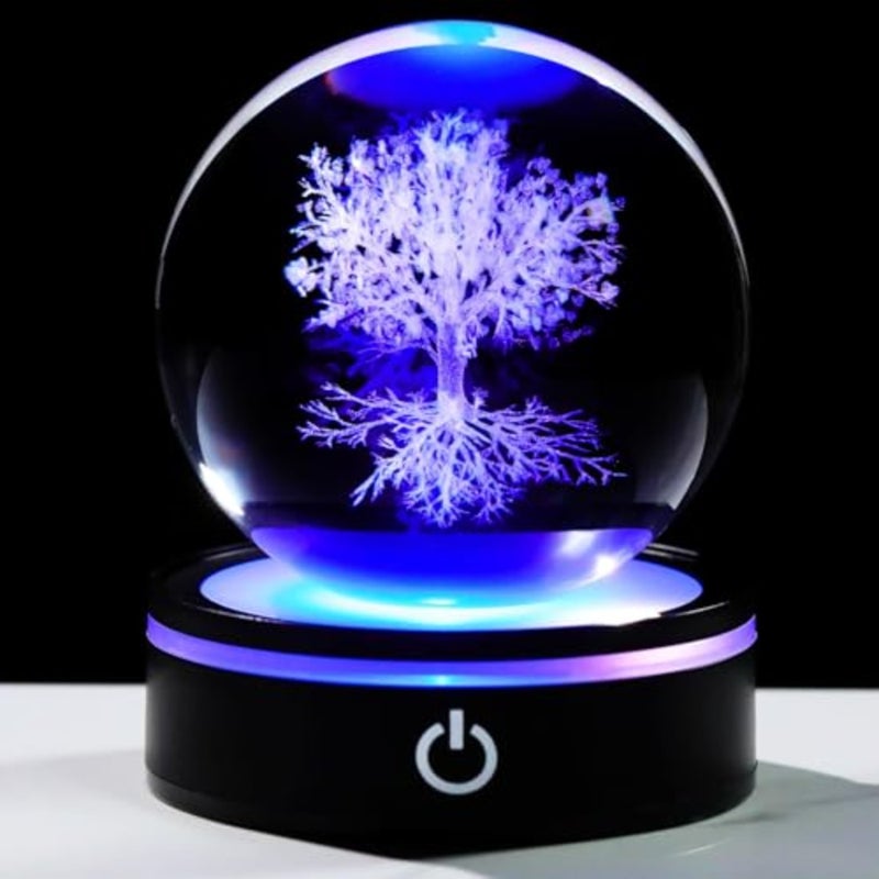 3D Crystal Figurines Ball with Colorful Light Base, Laser Engraved Sphere Gifts for Women Men on Birthday, Glass Art Collection for Home Decor 80mm - Image 1