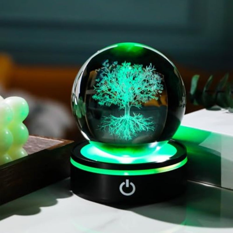 3D Crystal Figurines Ball with Colorful Light Base, Laser Engraved Sphere Gifts for Women Men on Birthday, Glass Art Collection for Home Decor 80mm - Image 3