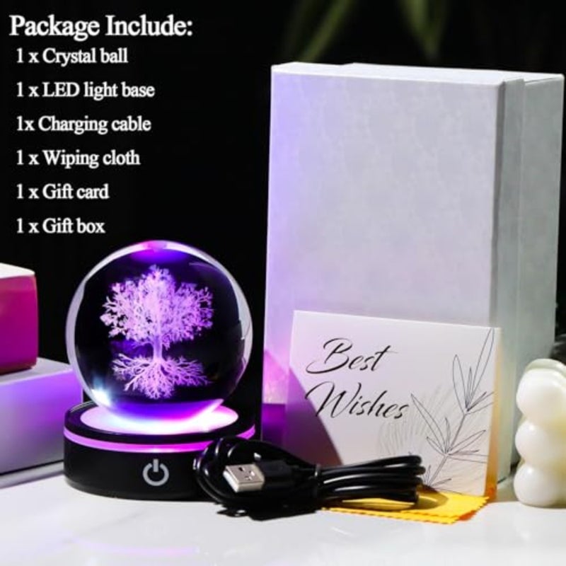 3D Crystal Figurines Ball with Colorful Light Base, Laser Engraved Sphere Gifts for Women Men on Birthday, Glass Art Collection for Home Decor 80mm - Image 5