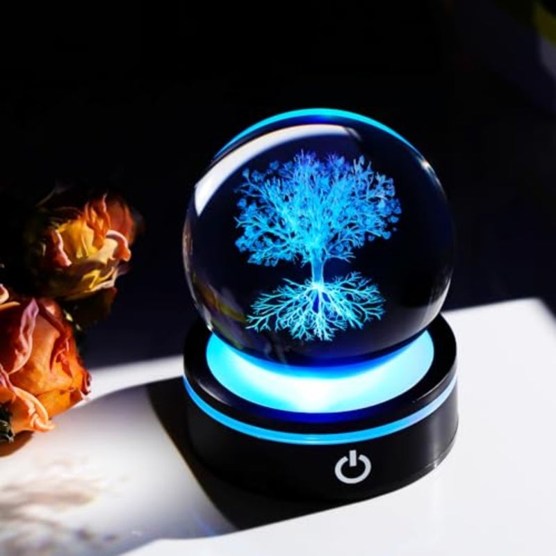 3D Crystal Figurines Ball with Colorful Light Base, Laser Engraved Sphere Gifts for Women Men on Birthday, Glass Art Collection for Home Decor 80mm - Image 2