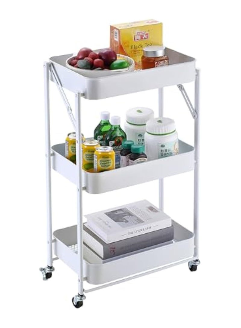POWER 3 Layers White - Rolling Storage Organizer with Foldable Frame, Lockable Caster Wheels, and Deep Metal Shelves -Ideal for Kitchen Supplies, Office Essentials, and Bathroom Use - Image 1