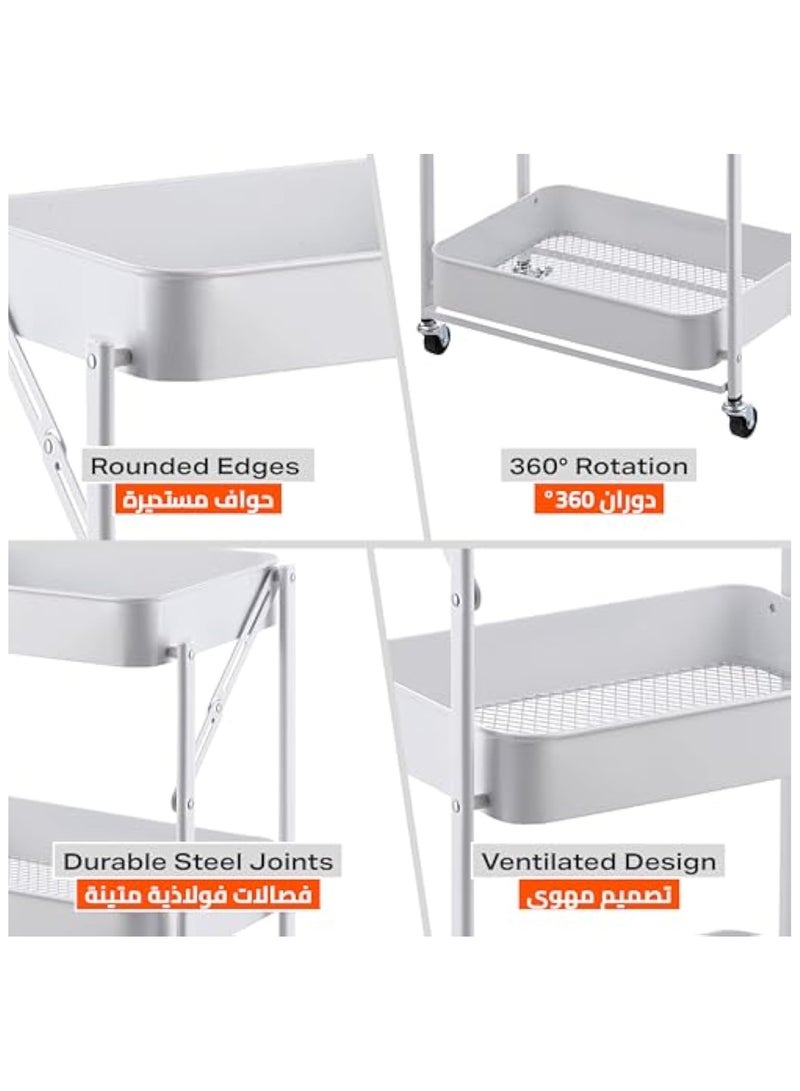 POWER 3 Layers White - Rolling Storage Organizer with Foldable Frame, Lockable Caster Wheels, and Deep Metal Shelves -Ideal for Kitchen Supplies, Office Essentials, and Bathroom Use - Image 4