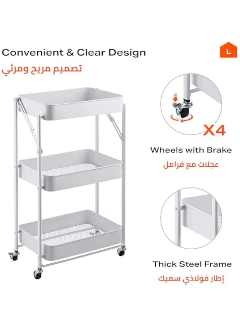 POWER 3 Layers White - Rolling Storage Organizer with Foldable Frame, Lockable Caster Wheels, and Deep Metal Shelves -Ideal for Kitchen Supplies, Office Essentials, and Bathroom Use - Image 5