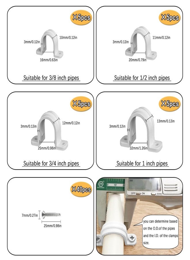 CNYMANY 20 pcs Pipe Clamps, CNYMANY 2 Holes PVC Conduit Strap Clips SCH 3/8 1/2 3/4 1 Inch with 40 pcs M4.2 Screws, Plastic White Conduit Mounting U Brackets with Screw Holes for Fixing Water Piping Support - Image 2