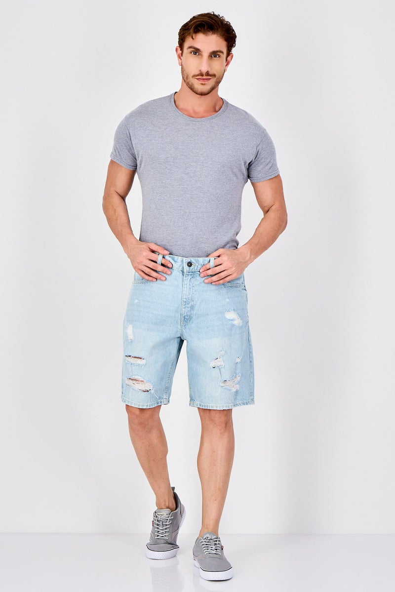 Celio Men Rip Denim Shorts, Light Blue - Image 3