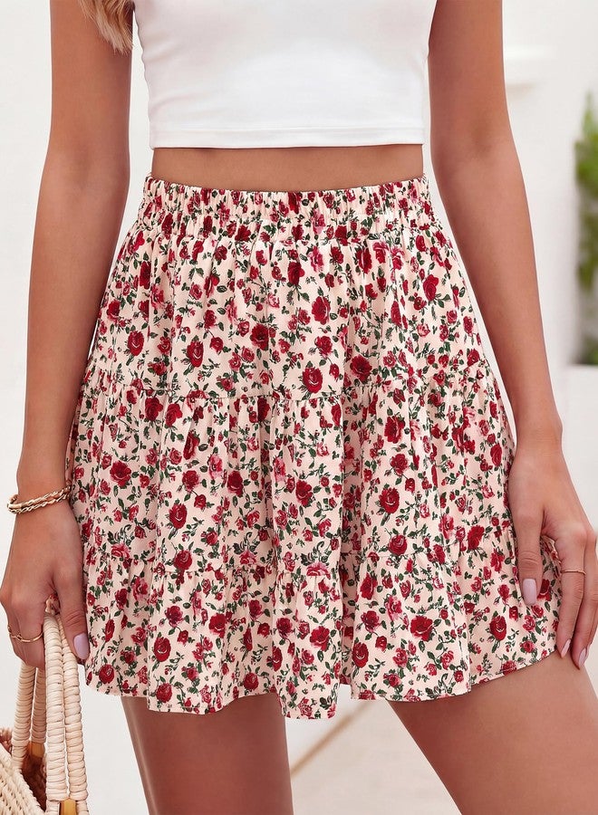BTFBM Summer Skirts for Women 2026 Floral High Waist Shorts Underneath Boho Tiered Flowy Tennis Skorts Casual Mini Skirt(Floral Apricot Red, Small) - Image 5