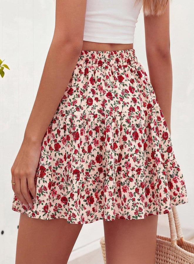 BTFBM Summer Skirts for Women 2026 Floral High Waist Shorts Underneath Boho Tiered Flowy Tennis Skorts Casual Mini Skirt(Floral Apricot Red, Small) - Image 3