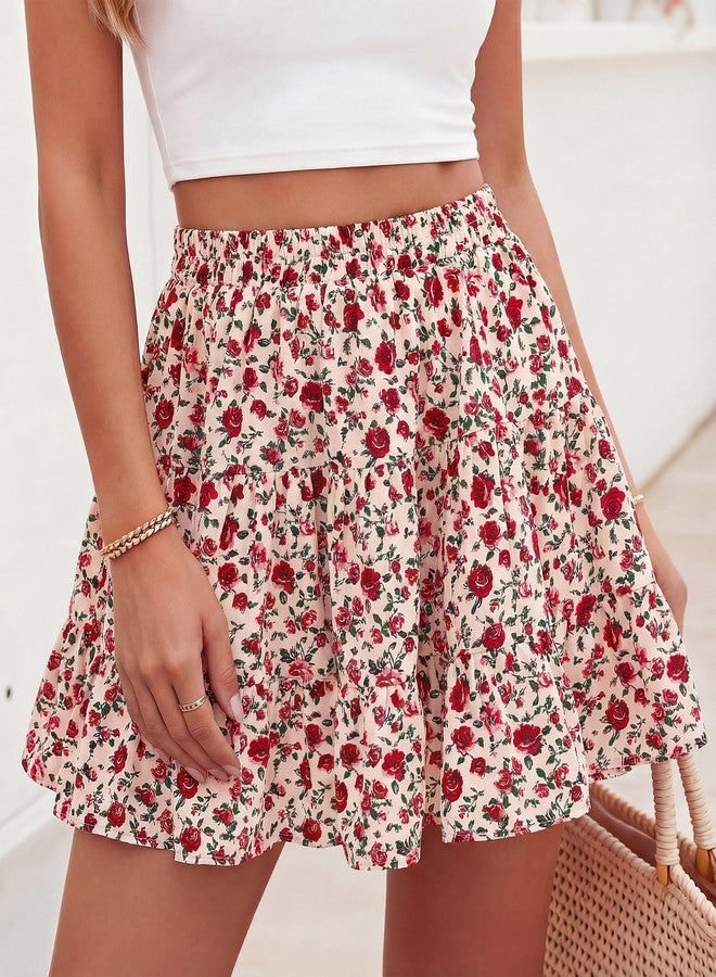 BTFBM Summer Skirts for Women 2026 Floral High Waist Shorts Underneath Boho Tiered Flowy Tennis Skorts Casual Mini Skirt(Floral Apricot Red, Small) - Image 4