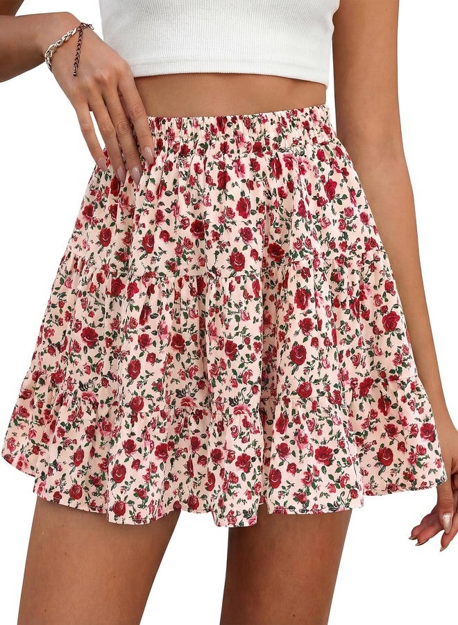 BTFBM Summer Skirts for Women 2026 Floral High Waist Shorts Underneath Boho Tiered Flowy Tennis Skorts Casual Mini Skirt(Floral Apricot Red, Small) - Image 1