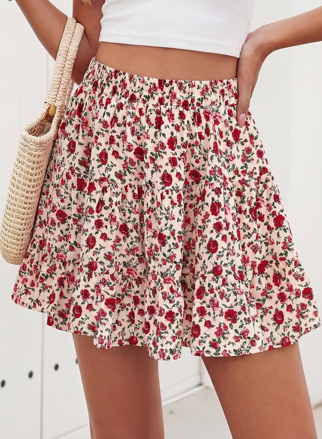 BTFBM Summer Skirts for Women 2026 Floral High Waist Shorts Underneath Boho Tiered Flowy Tennis Skorts Casual Mini Skirt(Floral Apricot Red, Small) - Image 2