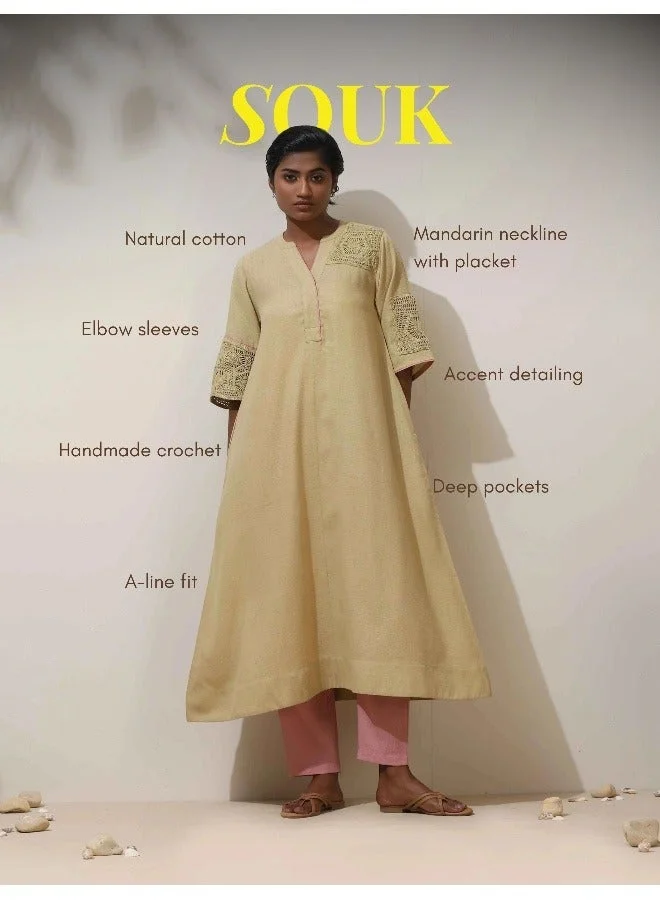 trueBrowns trueBrowns Souk Yellow Crochet Natural Cotton Kurta Pant Set