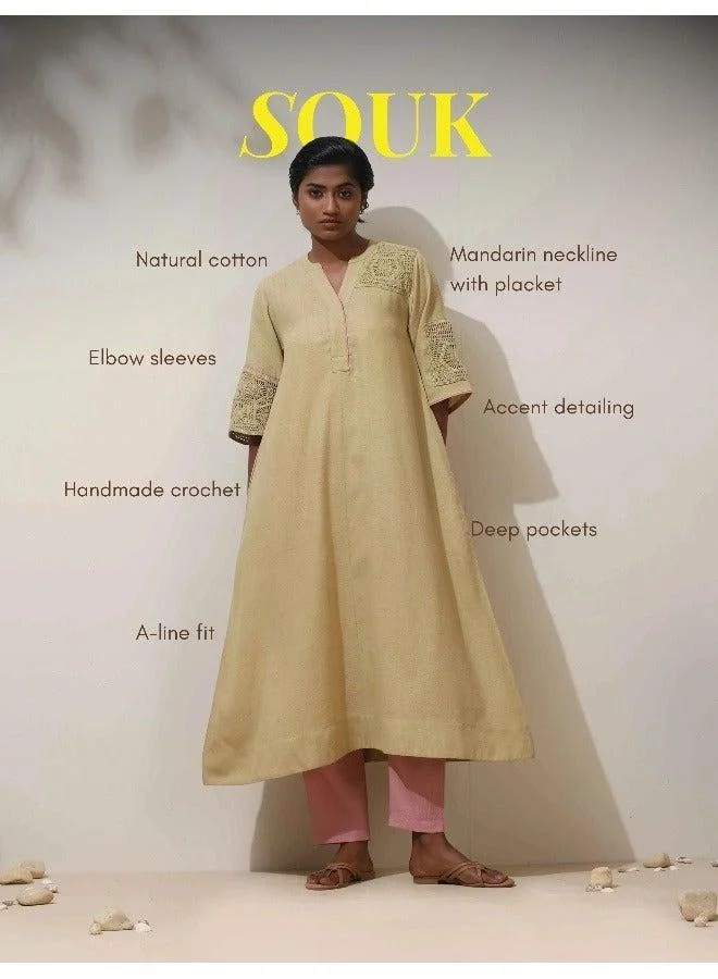 ترو برونز trueBrowns Souk Yellow Crochet Natural Cotton Kurta Pant Set