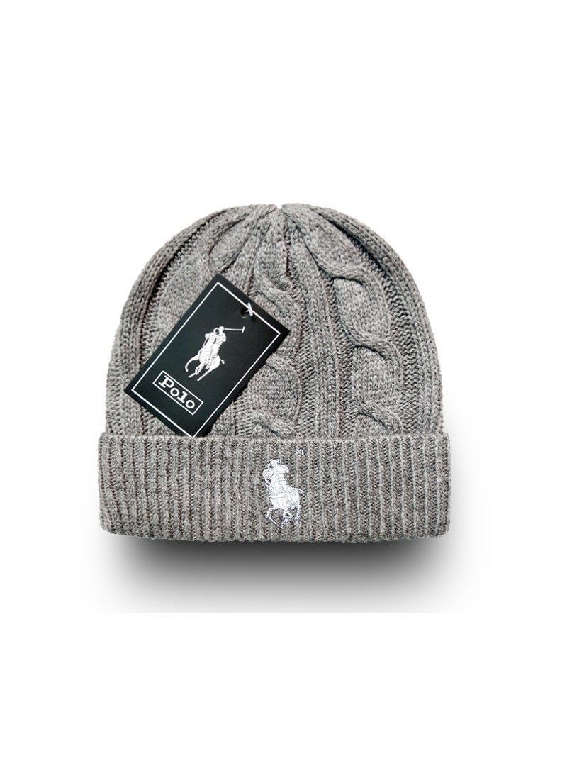 Polo Grey Knitted Beanie, White Big Pony Logo Decorated Woolen Hat