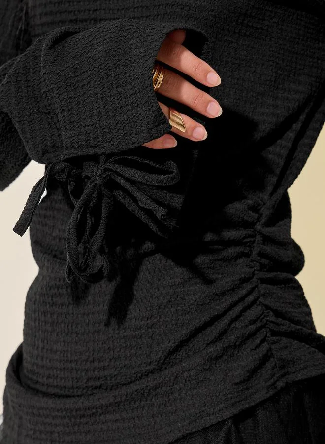 Take Two Texture Round Neck Tie Detail Knit Top