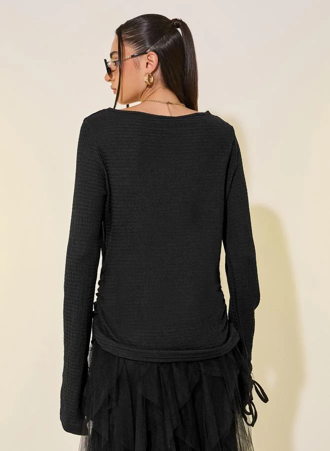 Take Two Texture Round Neck Tie Detail Knit Top