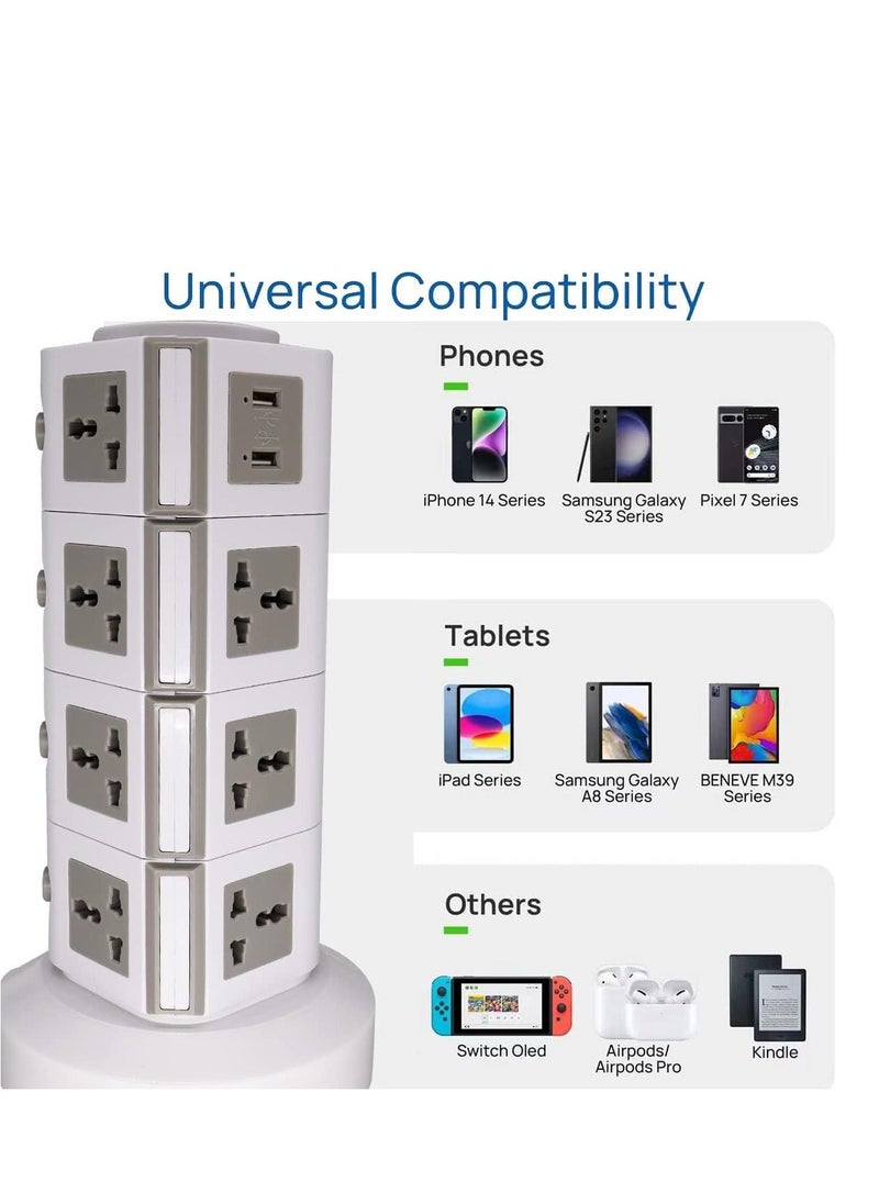 JAJEEK Universal Vertical Multi-Socket Power Strip (110V-250V) with 2 USB Ports – Electrical Charging Station & Surge Protector for Home, Office, Travel – 4-Layer Design, Worldwide Compatibility - Image 2