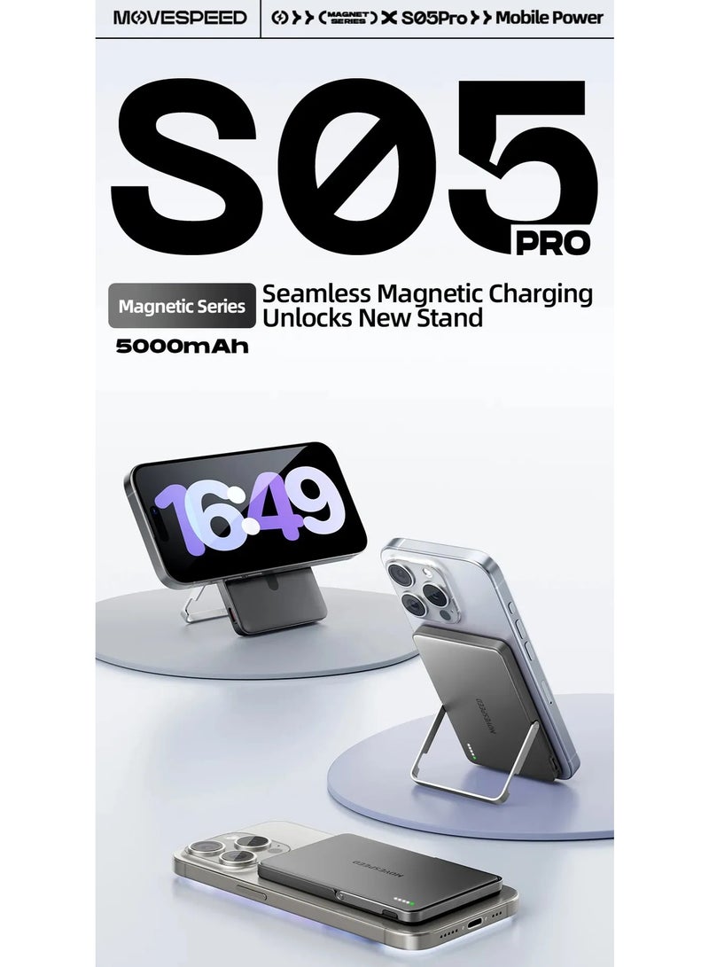 MOVESPEED MOVE SPEED 0.5'' 5,00mAh Magnetic Power Bank, Alloy-Design MagSafe Portable Charger,Fast Charging Magsafe Battery Pack for iPhone 16/15/14/13/12,Travel Essential,Glacier Gray - Image 4