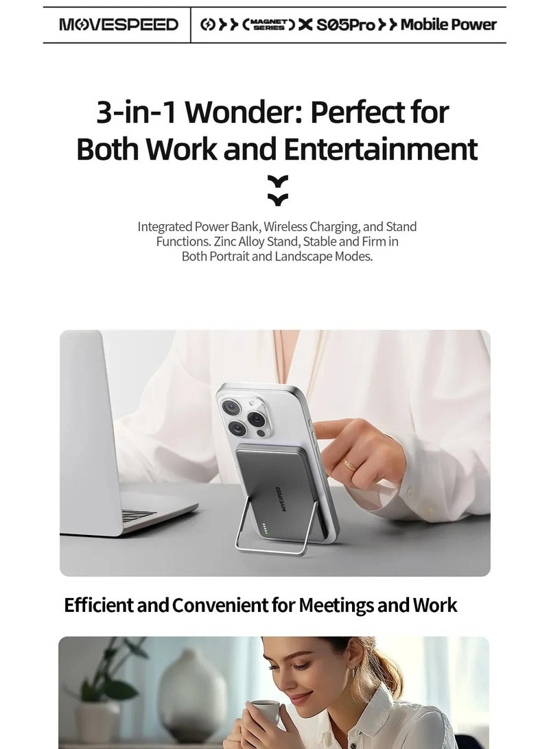 MOVESPEED MOVE SPEED 0.5'' 5,00mAh Magnetic Power Bank, Alloy-Design MagSafe Portable Charger,Fast Charging Magsafe Battery Pack for iPhone 16/15/14/13/12,Travel Essential,Glacier Gray - Image 5