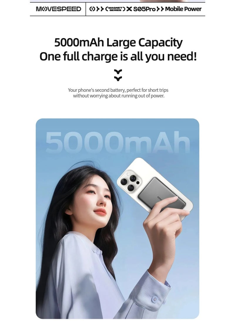 MOVESPEED MOVE SPEED 0.5'' 5,00mAh Magnetic Power Bank, Alloy-Design MagSafe Portable Charger,Fast Charging Magsafe Battery Pack for iPhone 16/15/14/13/12,Travel Essential,Glacier Gray - Image 3