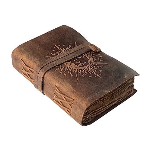 NomadCraftsCo. Sun & Moon Embossed Vintage Leather Journal | 240 Pages of Antique Handmade Deckle Edge Vintage Paper, Leather Sketchbook, Drawing Journal, Great Gift - Image 1
